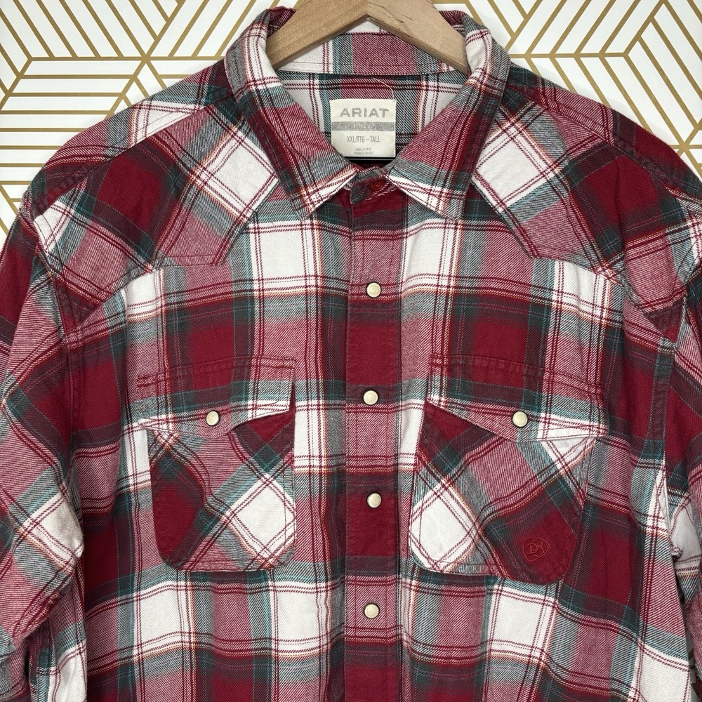 Ariat Western Shirt Mens XXL Red Plaid Flannel Pearl Snap Long Sleeve Country